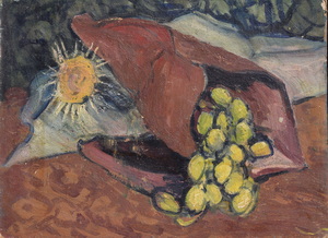 Werkverzeichnis Nr. 145, um 1955, Stillleben mit Trauben, Öl auf Karton, 37,0 x 49,9 cm, 
						Rückseite bemalt mit Werkverzeichnis Nr. 1024, um 1990, Häuser mit Bäumen im Winter 